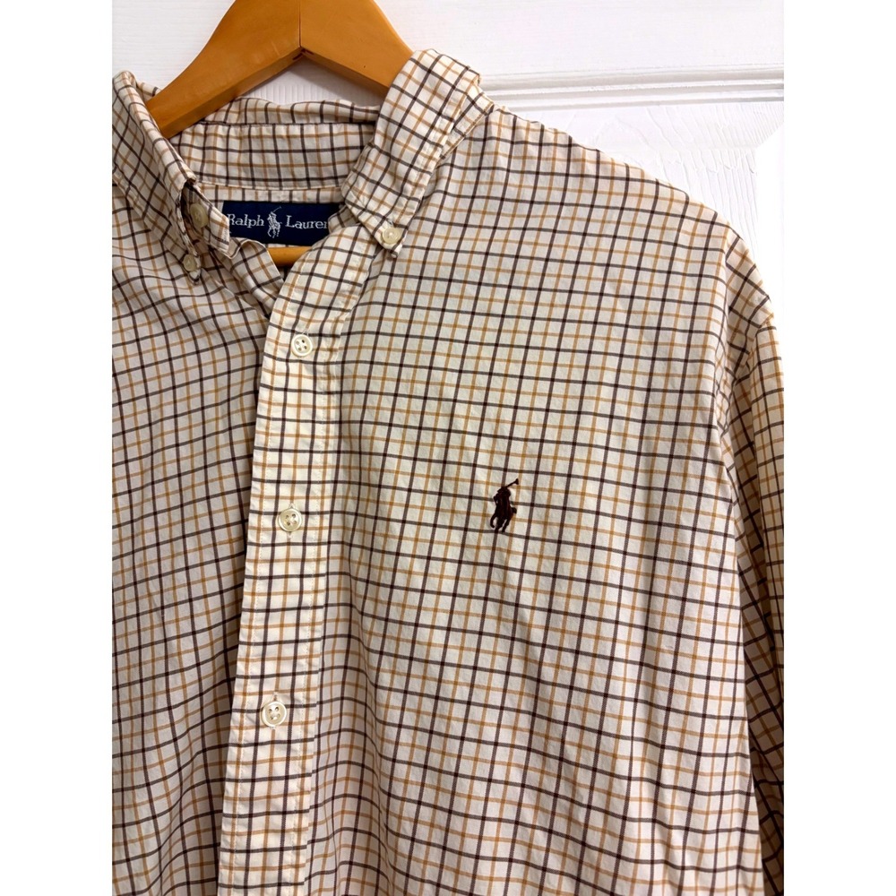 Ralph Lauren Button Down XL Tan Brown, Plaid, Cotton, Custom Fit, Pony Logo